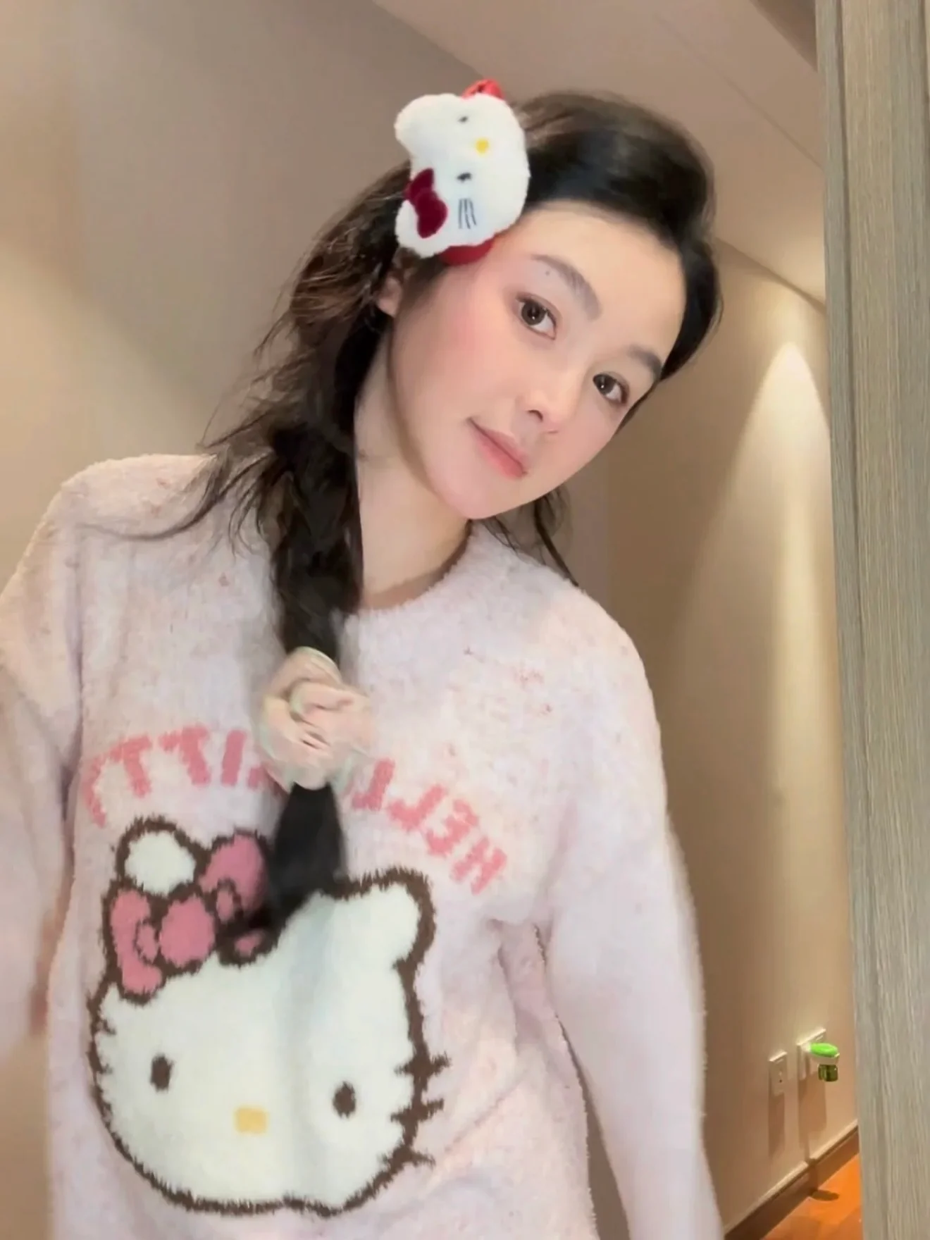 Hello Kitty Pink Fuzzy Fleece Pajama Set | Kawaii Long Sleeve Loungewear Two-Piece