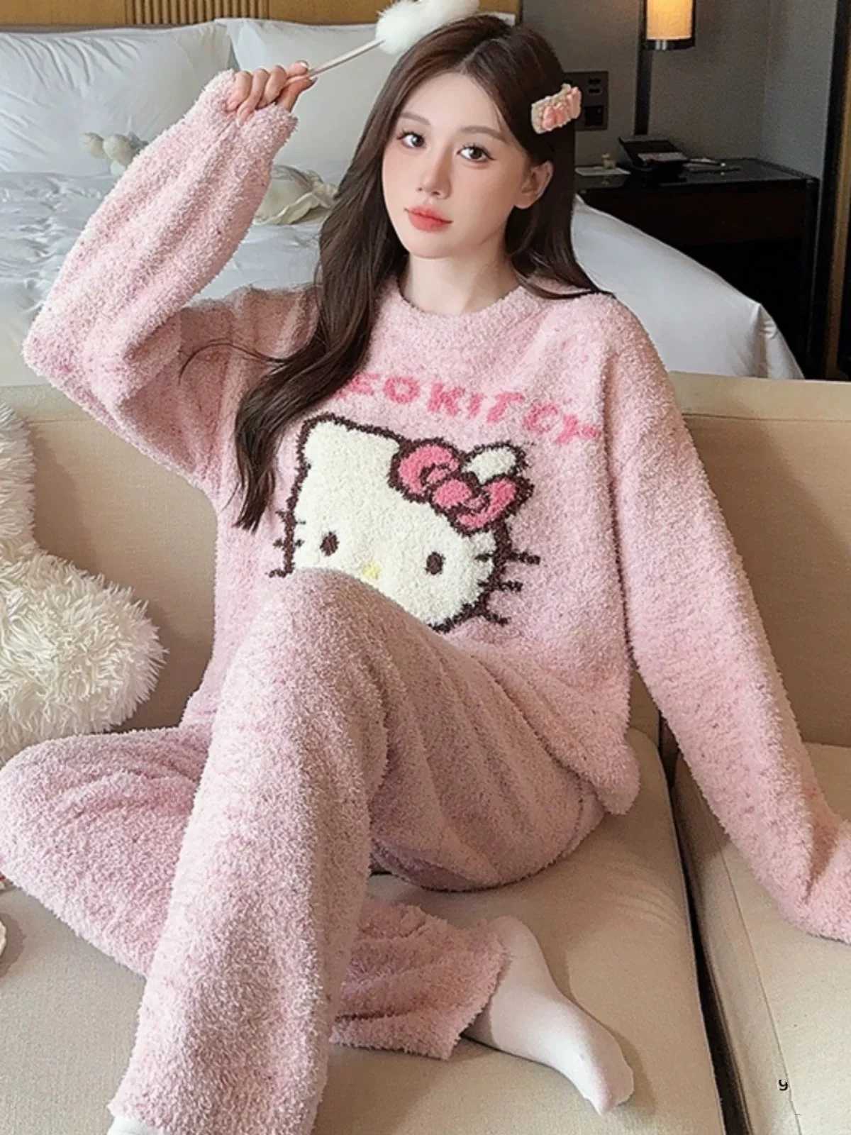 Hello Kitty Pink Fuzzy Fleece Pajama Set | Kawaii Long Sleeve Loungewear Two-Piece - Image 3