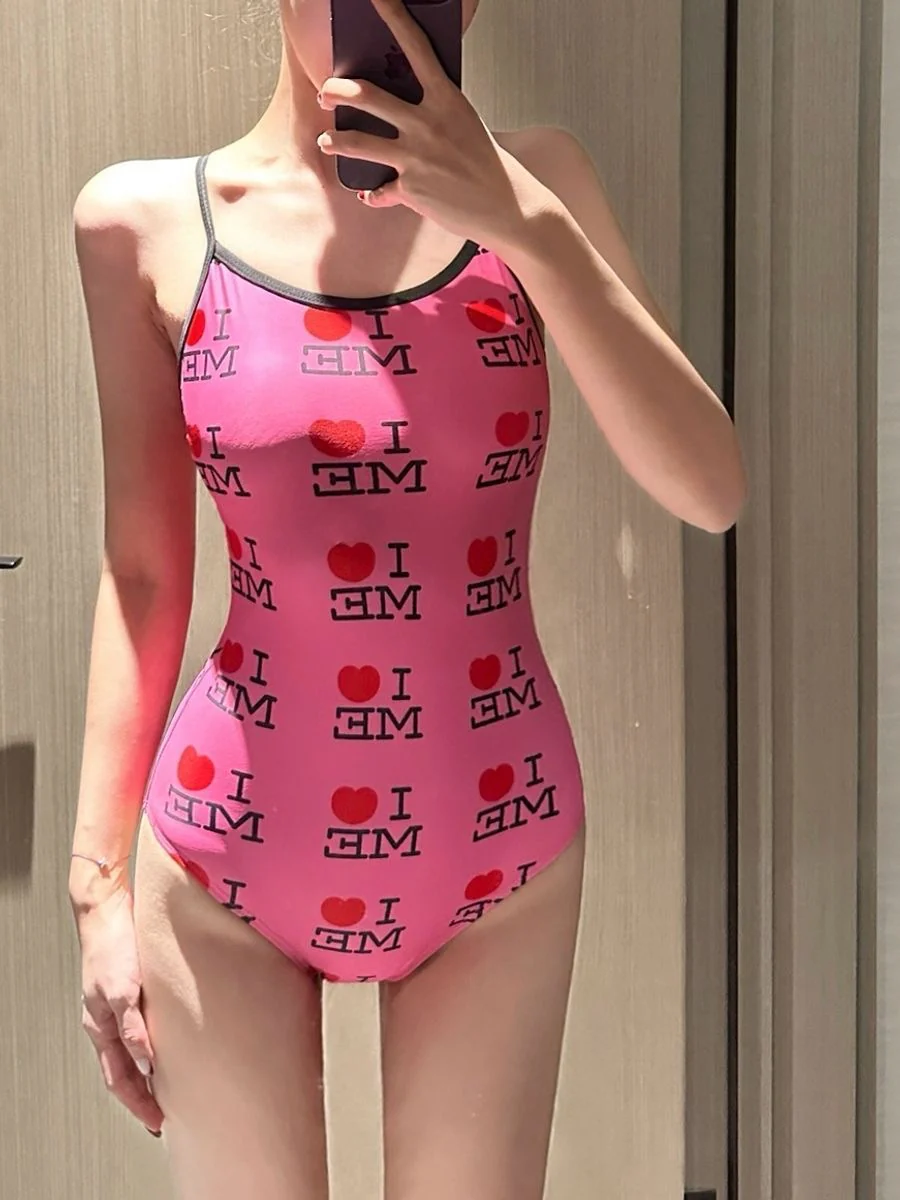 Women’s Pink Graphic One-Piece Swimsuit – Retro Scoop Neck (INNA Amour City)