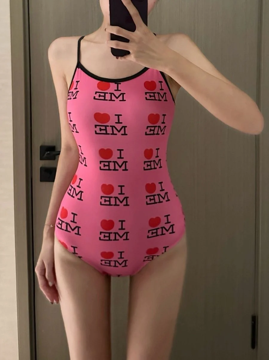 Women’s Pink Graphic One-Piece Swimsuit – Retro Scoop Neck (INNA Amour City) - Image 4