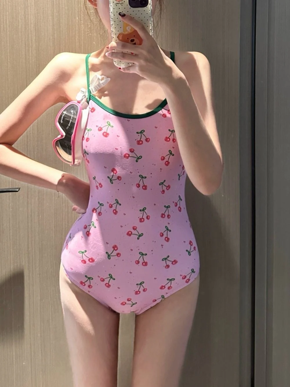 Women’s Cherry Print One-Piece Swimsuit – Retro Scoop Neck, Contrast Trim (INNA Cerise Rose) - Image 2