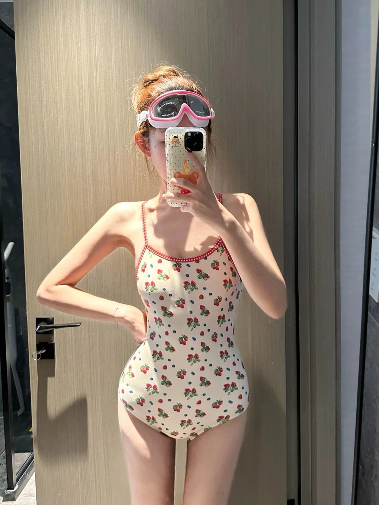 Women’s Strawberry Print One-Piece Swimsuit – Vintage Scoop Neck, Contrast Trim (INNA Fraise Muse)