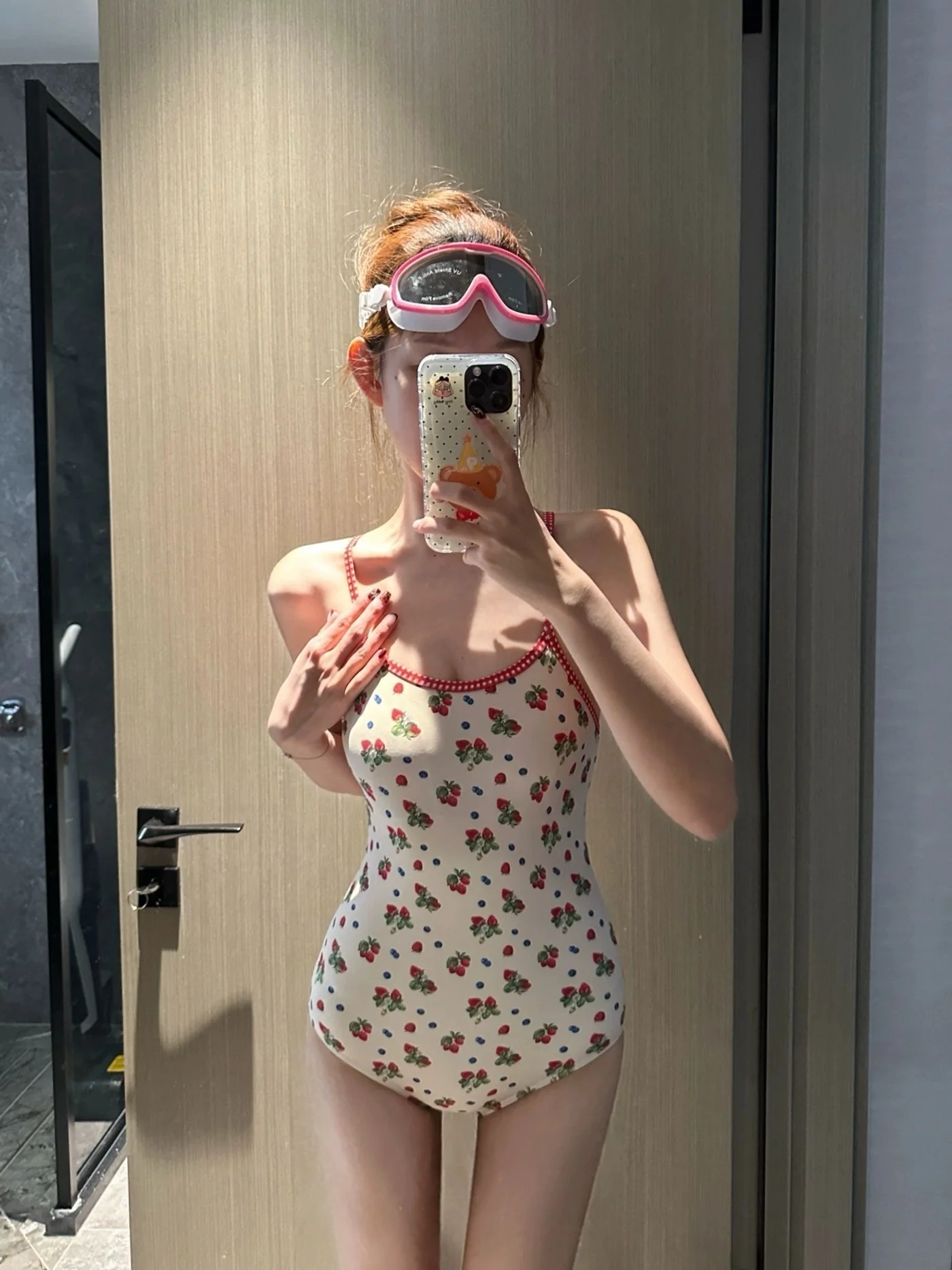 Women’s Strawberry Print One-Piece Swimsuit – Vintage Scoop Neck, Contrast Trim (INNA Fraise Muse) - Image 2