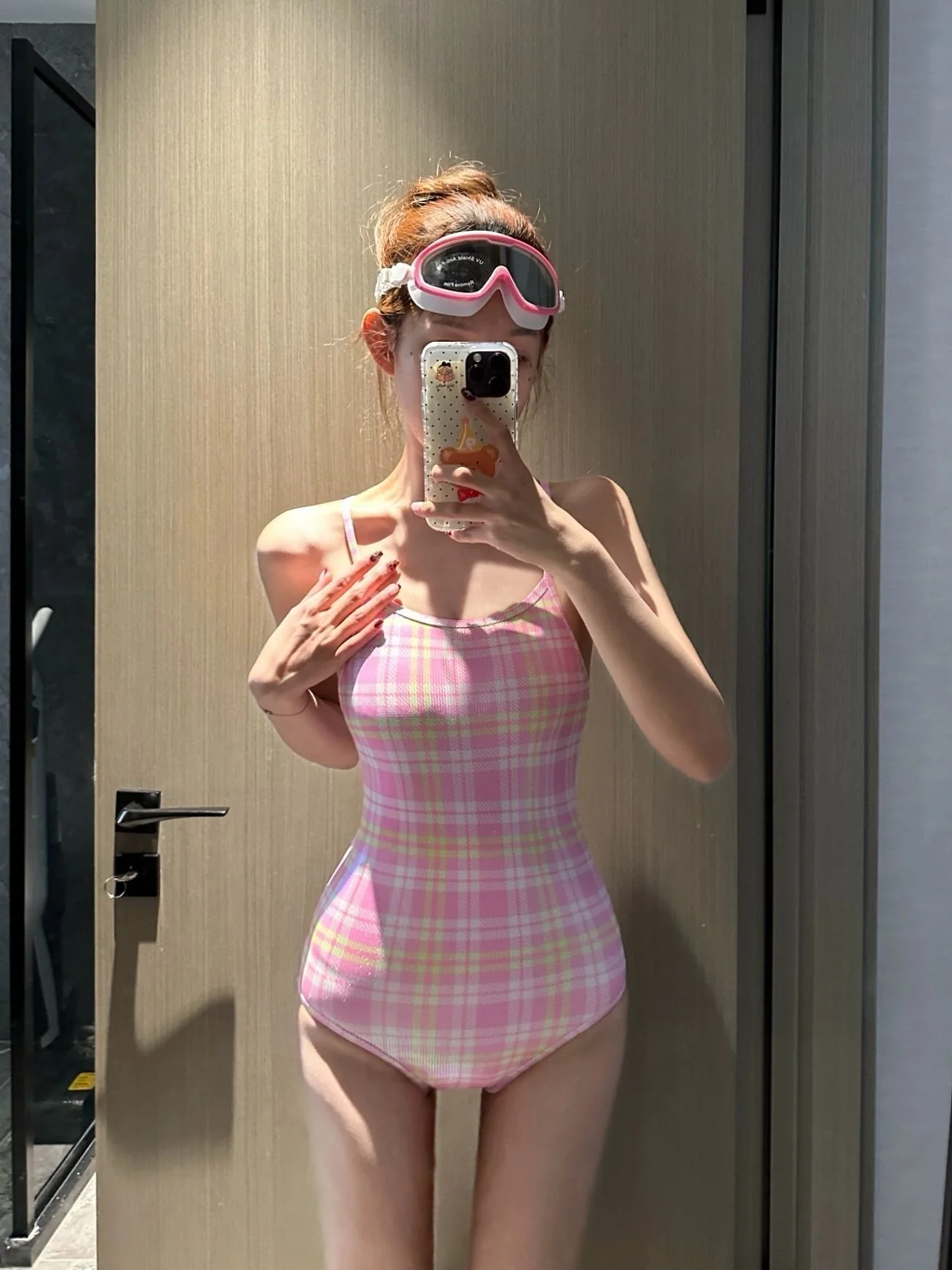 Women’s Pink Check One-Piece Swimsuit – INNA Rosé Check (Scoop Neck, Classic Fit) - Image 3