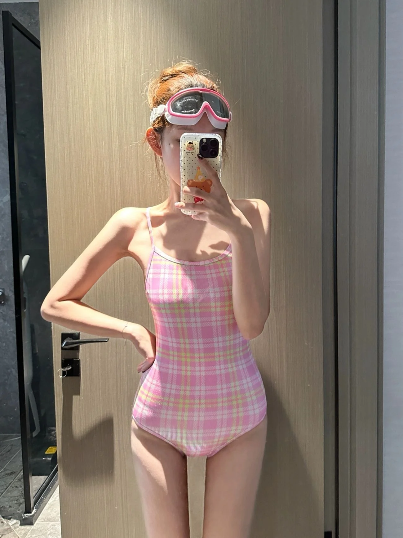 Women’s Pink Check One-Piece Swimsuit – INNA Rosé Check (Scoop Neck, Classic Fit) - Image 4