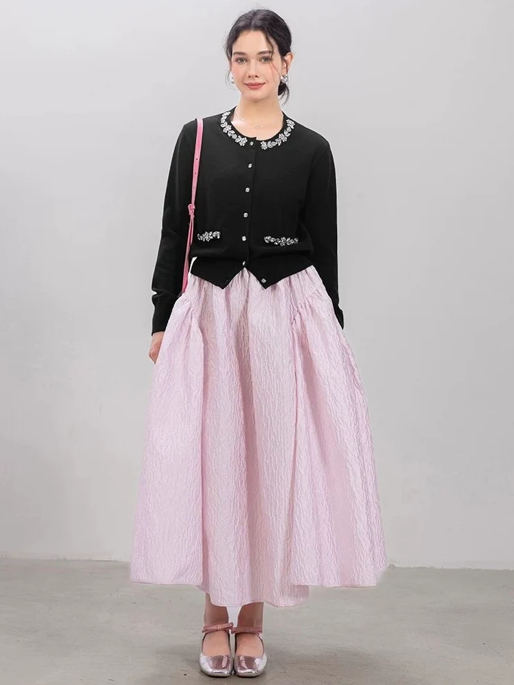 Jeweled Button Cardigan & Textured Midi Skirt Set
