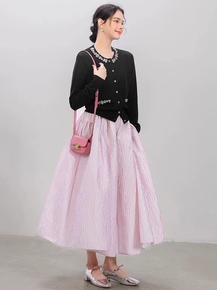 Jeweled Button Cardigan & Textured Midi Skirt Set - Image 5