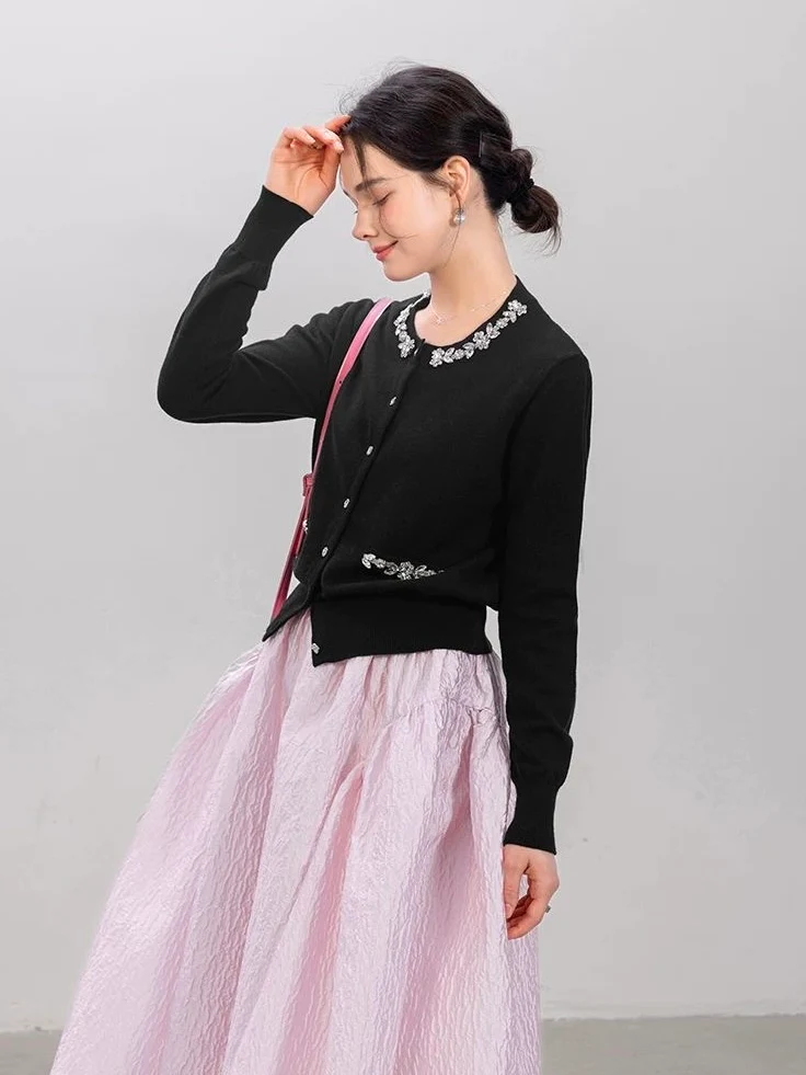 Jeweled Button Cardigan & Textured Midi Skirt Set - Image 6