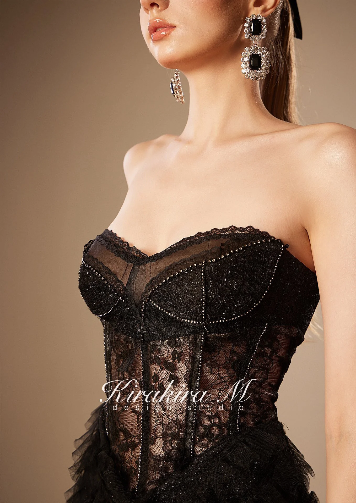 KIRAKIRA M Black Lace Shiny Diamonds Fishtail Fishbone Sheath MAXI Dress - Image 6