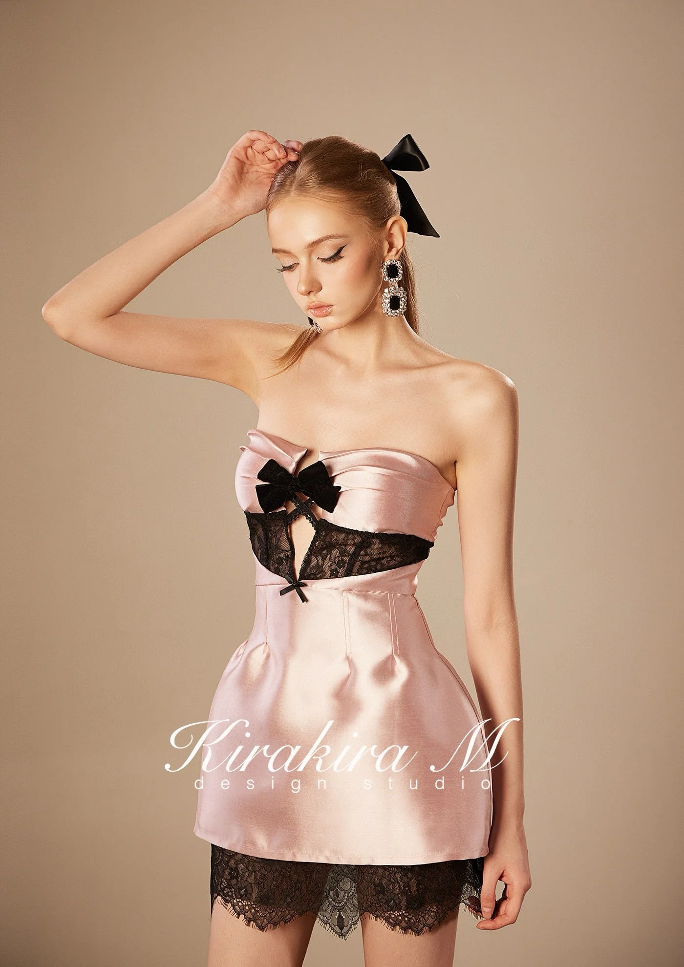 KIRAKIRA M Pink Shiny Hollow Out Bow Embellished Sheath Mini Dress - Image 4
