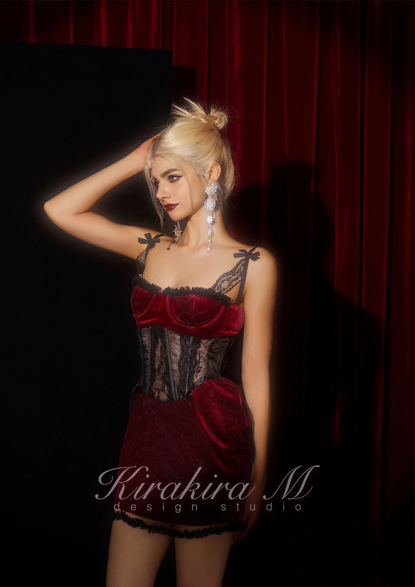 KIRAKIRA M Red Velvet with Fishbone Lacy Party Mini Dress - Image 3