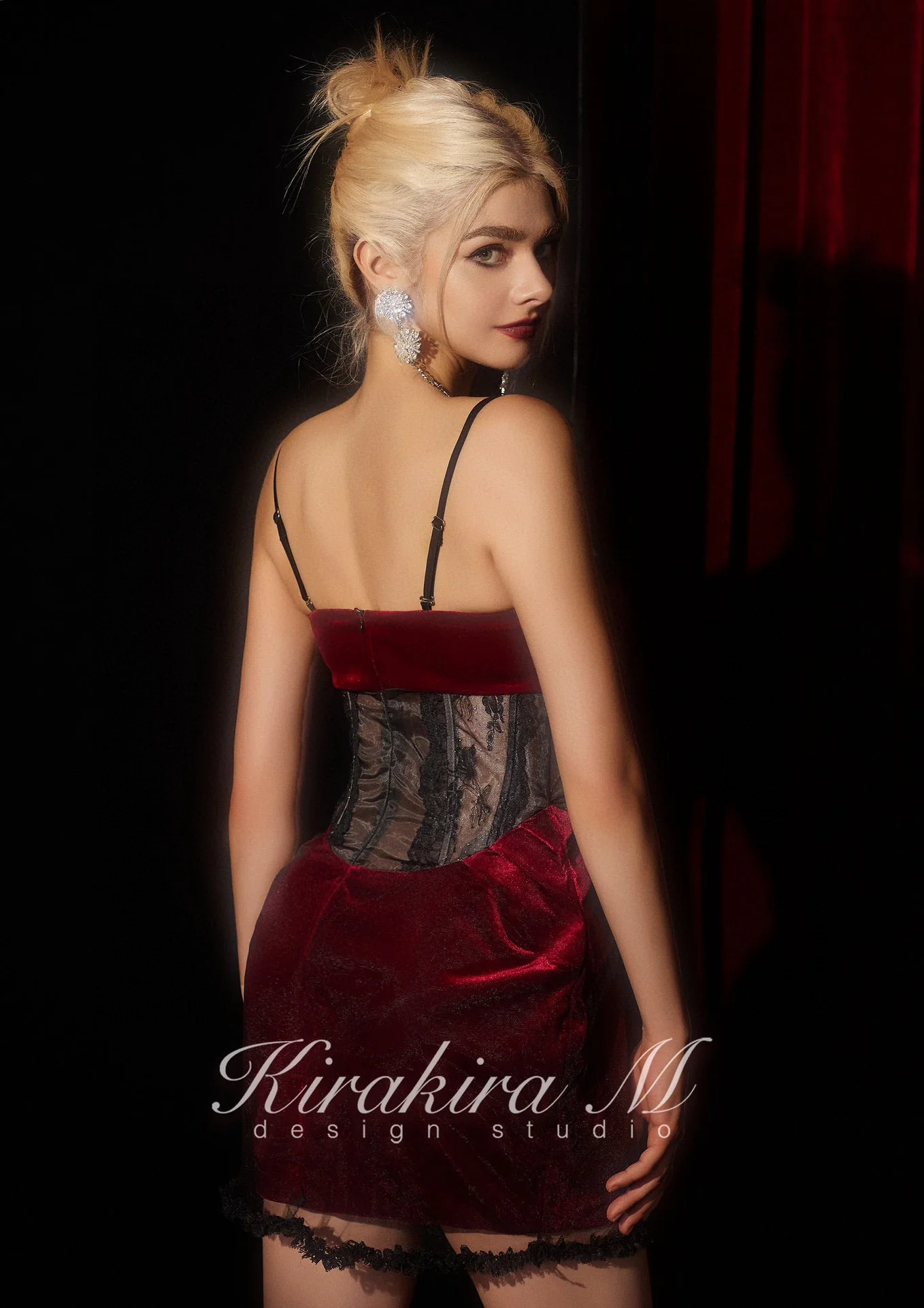 KIRAKIRA M Red Velvet with Fishbone Lacy Party Mini Dress - Image 4