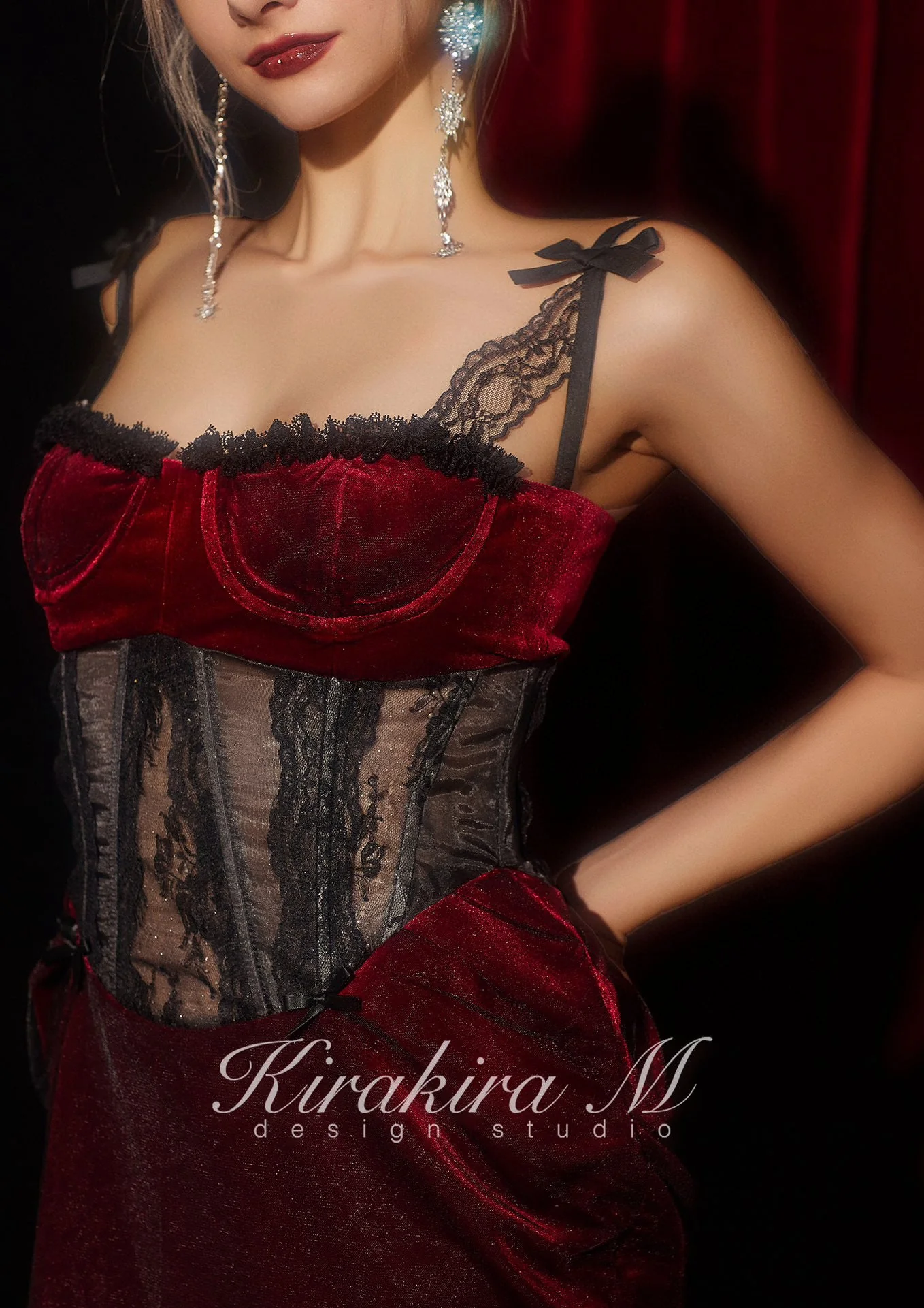 KIRAKIRA M Red Velvet with Fishbone Lacy Party Mini Dress - Image 5