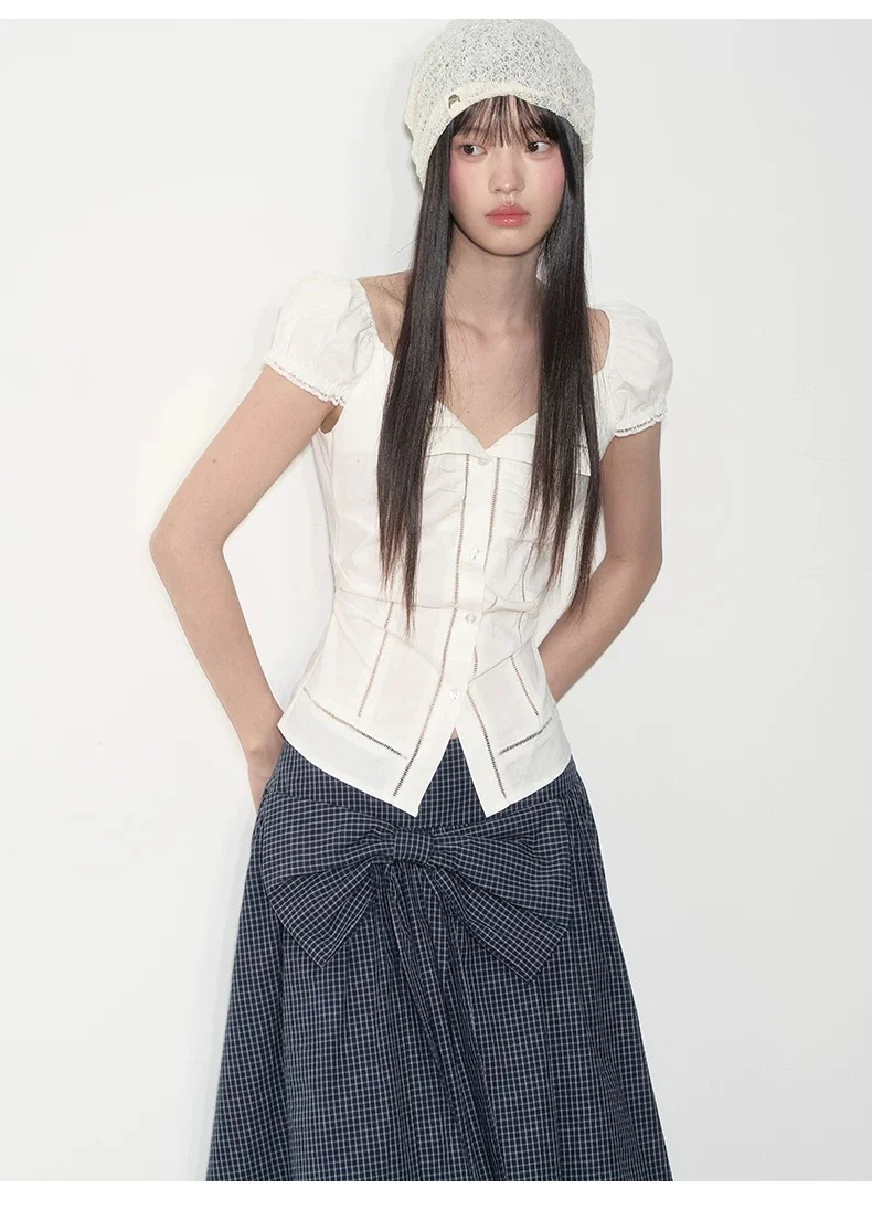 Korean Style Lace Puff Sleeve Waist-Cinching Shirt – Elegant & Slim Fit - Image 2