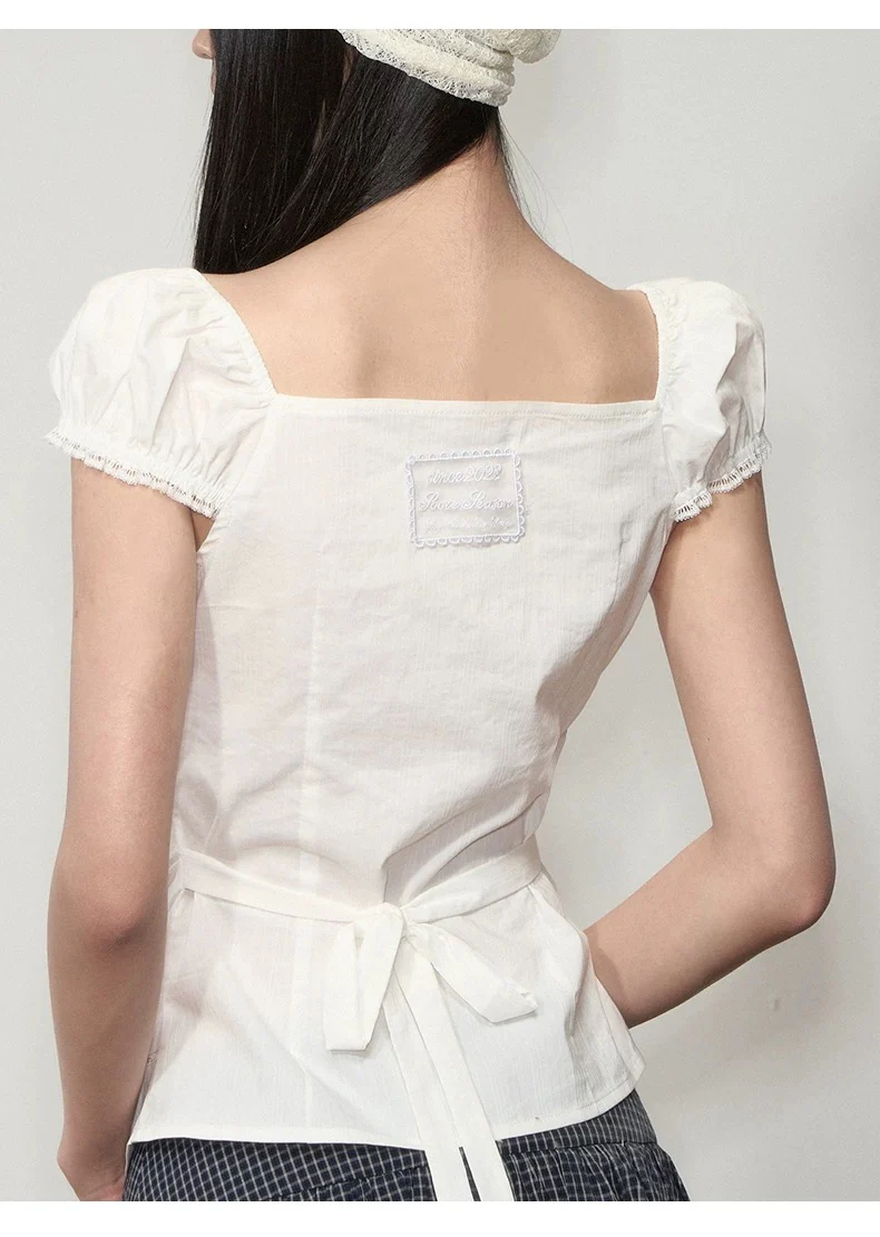 Korean Style Lace Puff Sleeve Waist-Cinching Shirt – Elegant & Slim Fit - Image 4