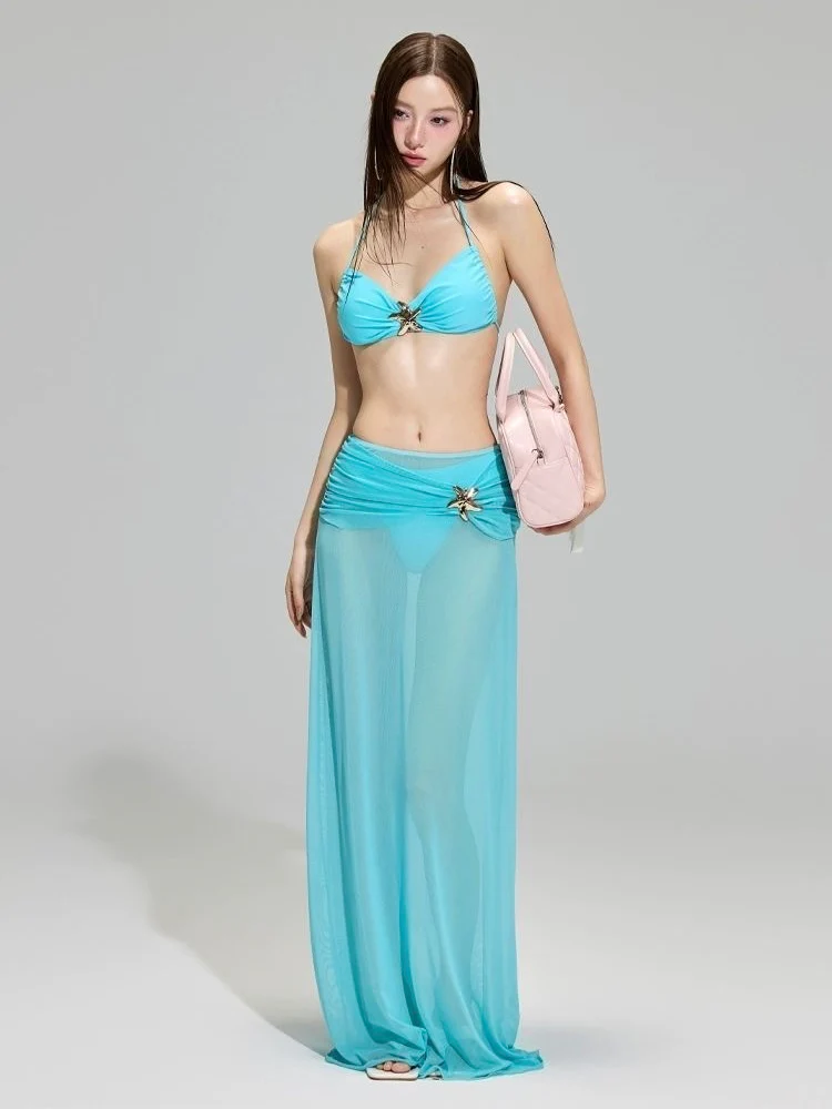 Lake-blue Starfish Swimsuit Three-Piece Set - Image 4