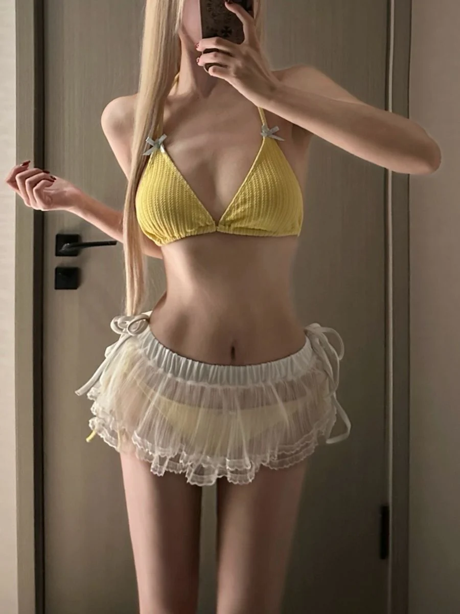 Lemon Yellow Gauze Dress Bikini Three-Piece Set