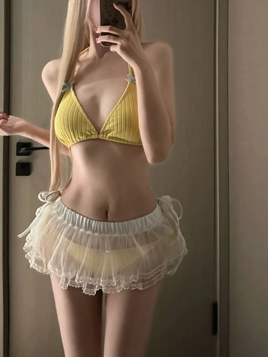 Lemon Yellow Gauze Dress Bikini Three-Piece Set - Image 2