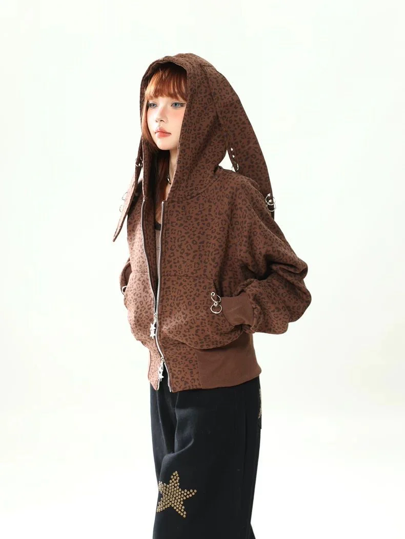 Leopard Bunny Ear Zip Hoodie - Image 3