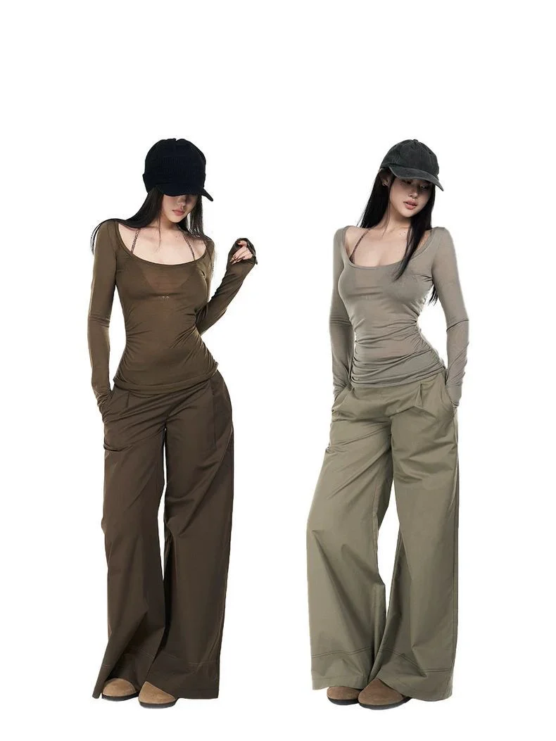 Low-Rise Frayed Hem Wide-Leg Trousers – New Commuter Style
