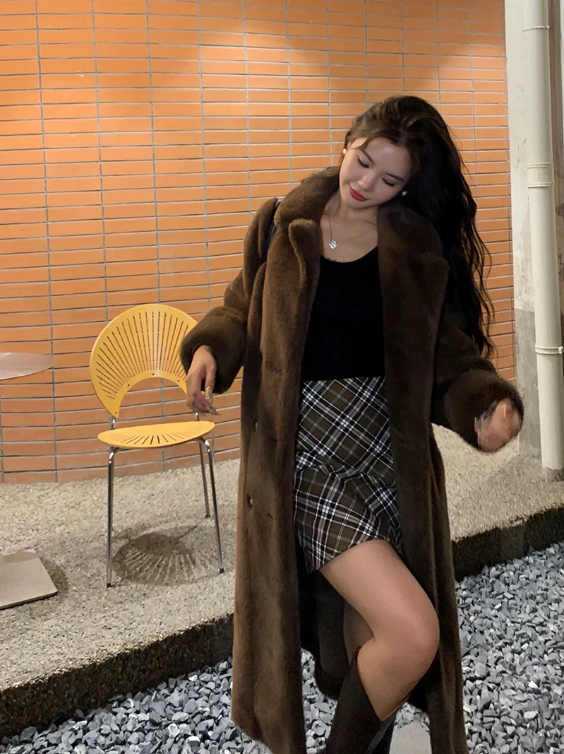Luxury Full-Length Faux Mink Velvet Fur Coat – Dramatic Flared Hem, Coffee Brown Elegance - Image 2