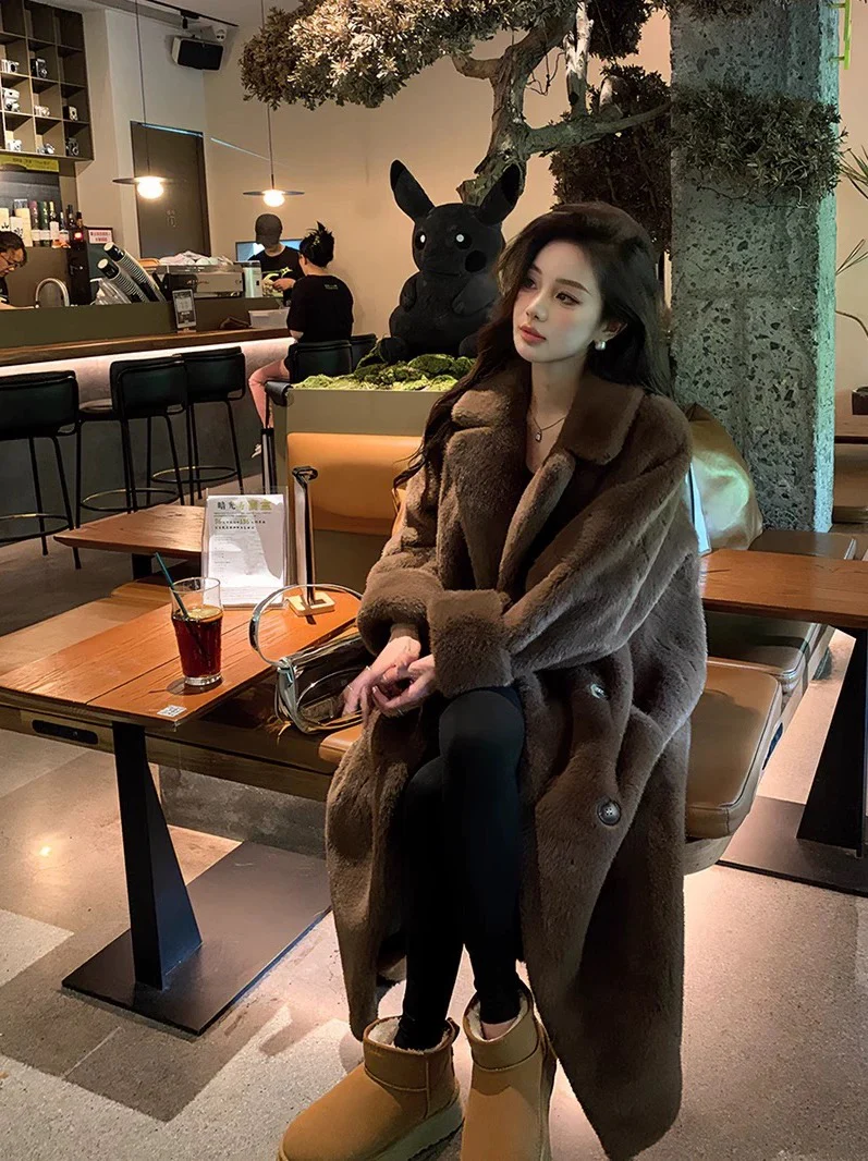 Luxury Full-Length Faux Mink Velvet Fur Coat – Dramatic Flared Hem, Coffee Brown Elegance - Image 3