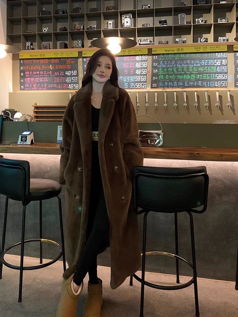 Luxury Full-Length Faux Mink Velvet Fur Coat – Dramatic Flared Hem, Coffee Brown Elegance - Image 4