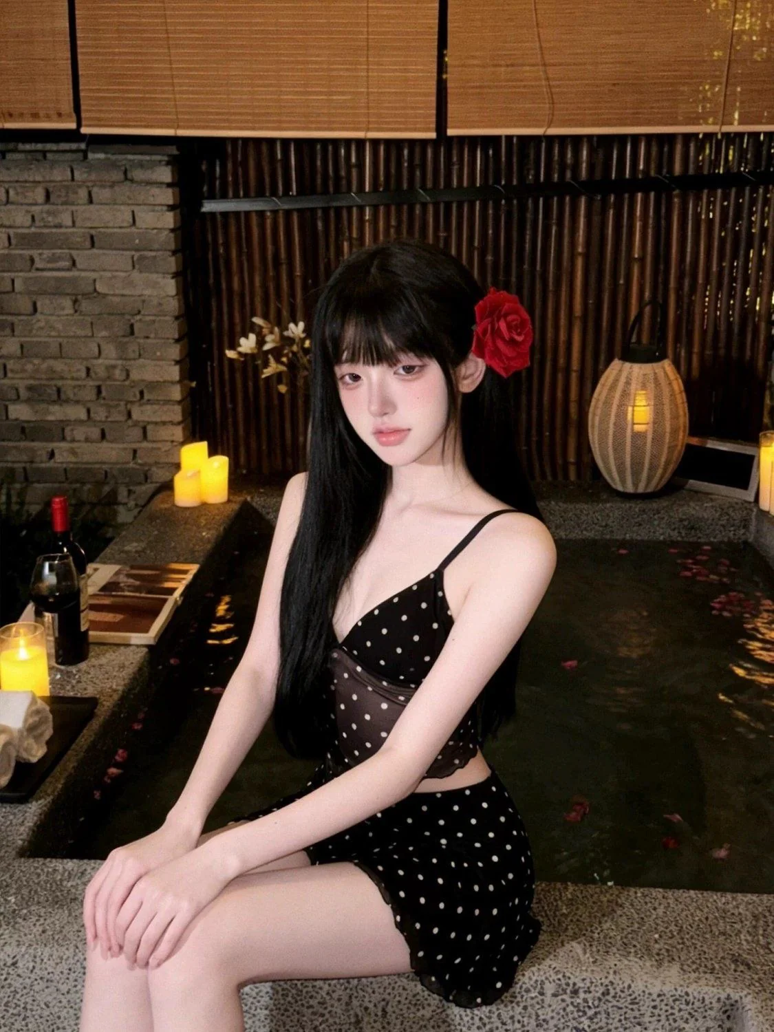 Midnight Polka Dot Mesh Halter Bikini Set with Sheer Skirt - Image 3