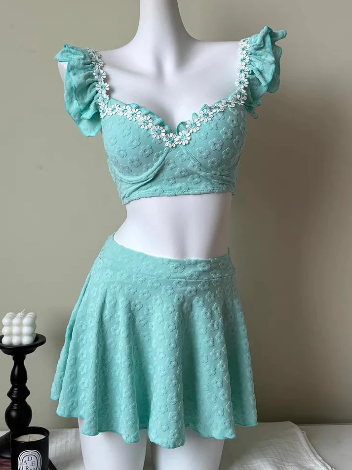 Mint Blue Three-Piece Bikini with White Lace Detailing - Image 4