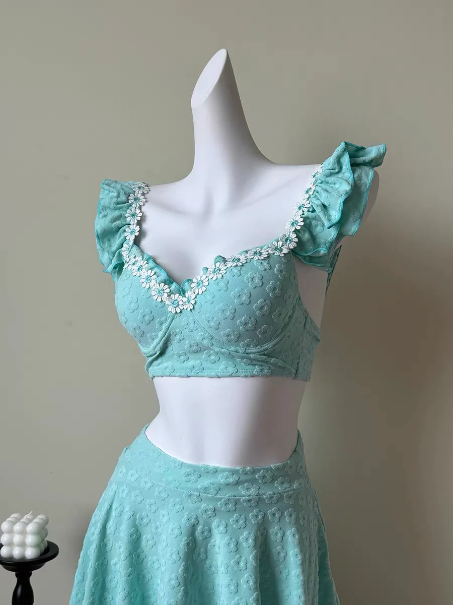 Mint Blue Three-Piece Bikini with White Lace Detailing - Image 5