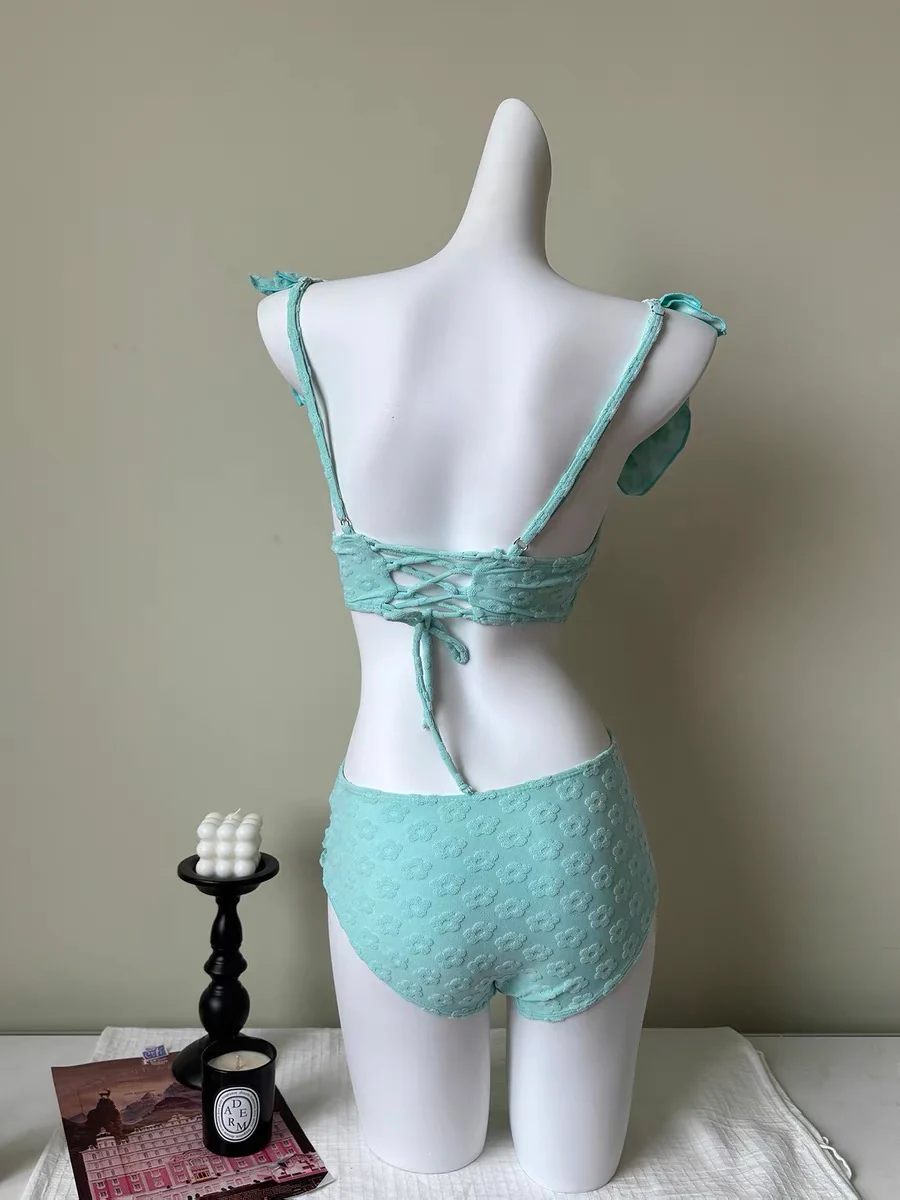 Mint Blue Three-Piece Bikini with White Lace Detailing - Image 6