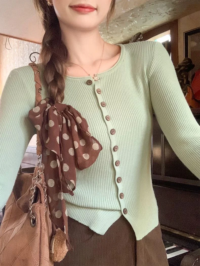 Mint Knit Cardigan & Brown Midi Skirt Set - Image 2
