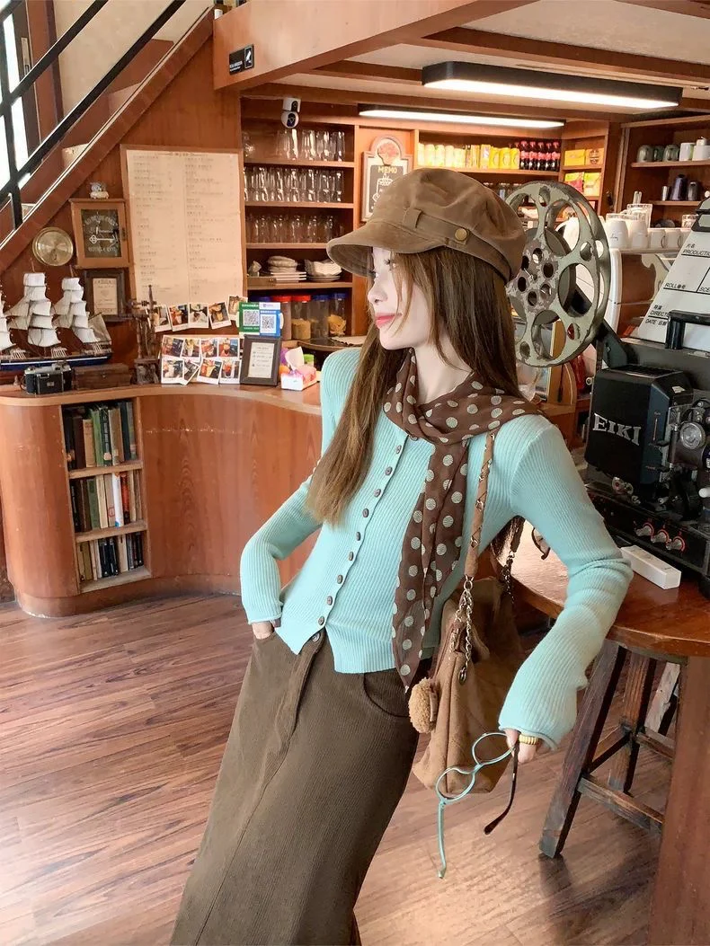 Mint Knit Cardigan & Brown Midi Skirt Set - Image 4