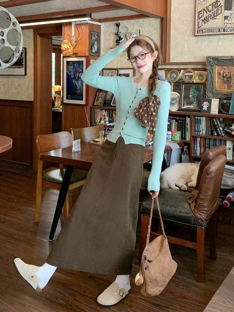 Mint Knit Cardigan & Brown Midi Skirt Set - Image 5