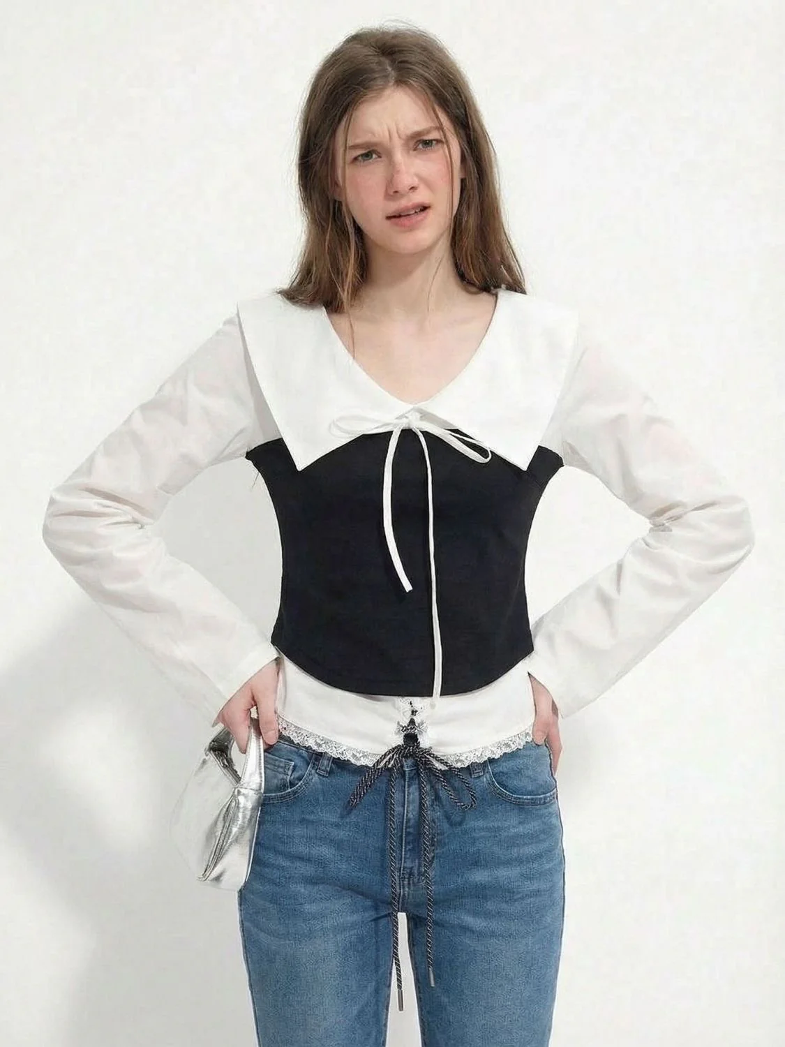 Contrast Peter Pan Collar Blouse - Black Corset-Style Zip Top with White Lantern Sleeves - Elegant French Chic Academic Shirt - INNA Original - Image 2