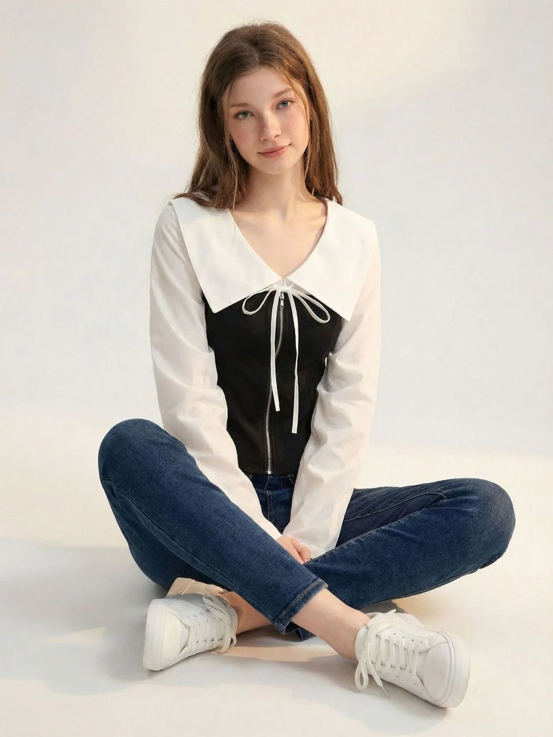 Contrast Peter Pan Collar Blouse - Black Corset-Style Zip Top with White Lantern Sleeves - Elegant French Chic Academic Shirt - INNA Original - Image 3