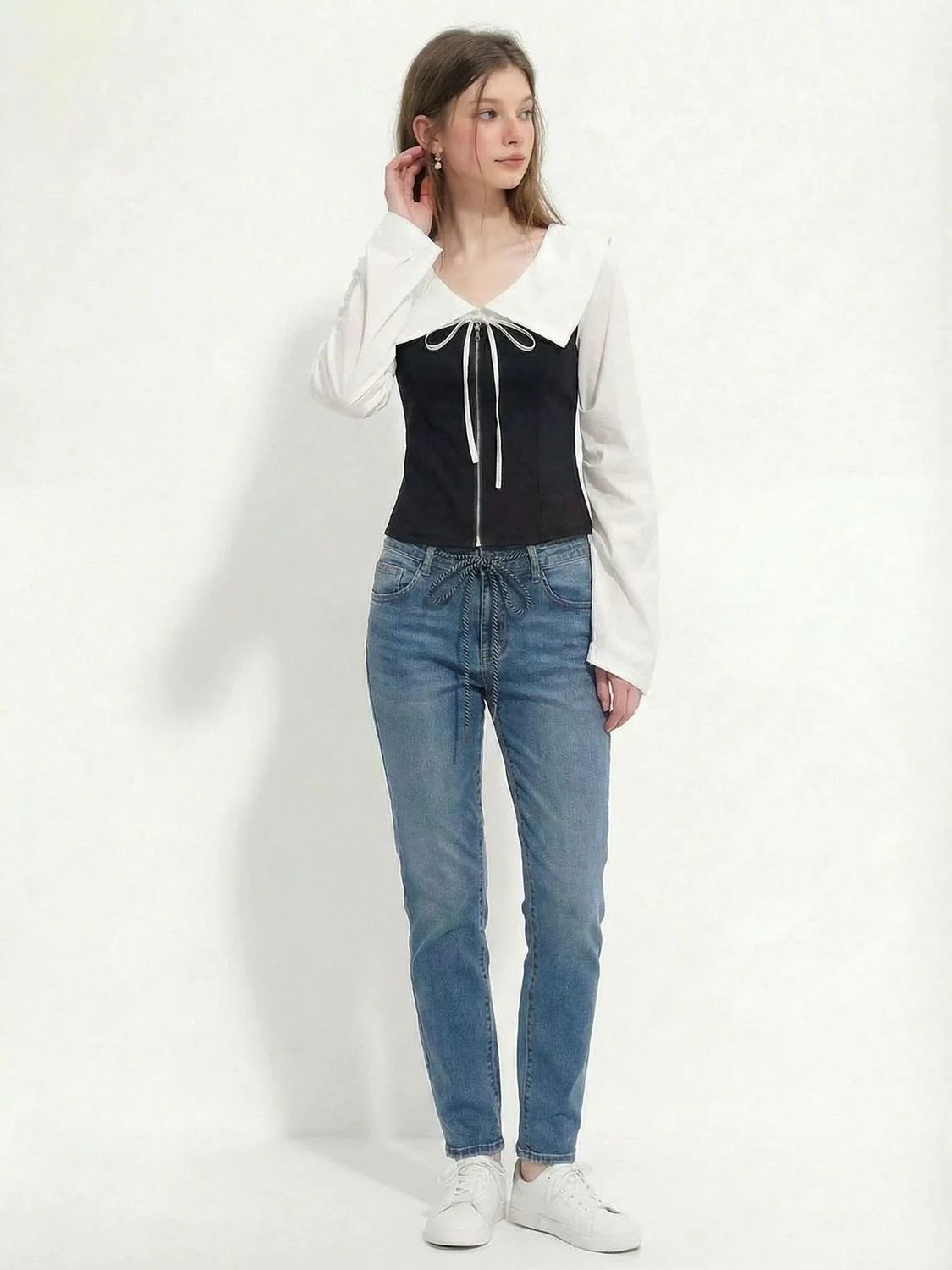 Contrast Peter Pan Collar Blouse - Black Corset-Style Zip Top with White Lantern Sleeves - Elegant French Chic Academic Shirt - INNA Original - Image 4