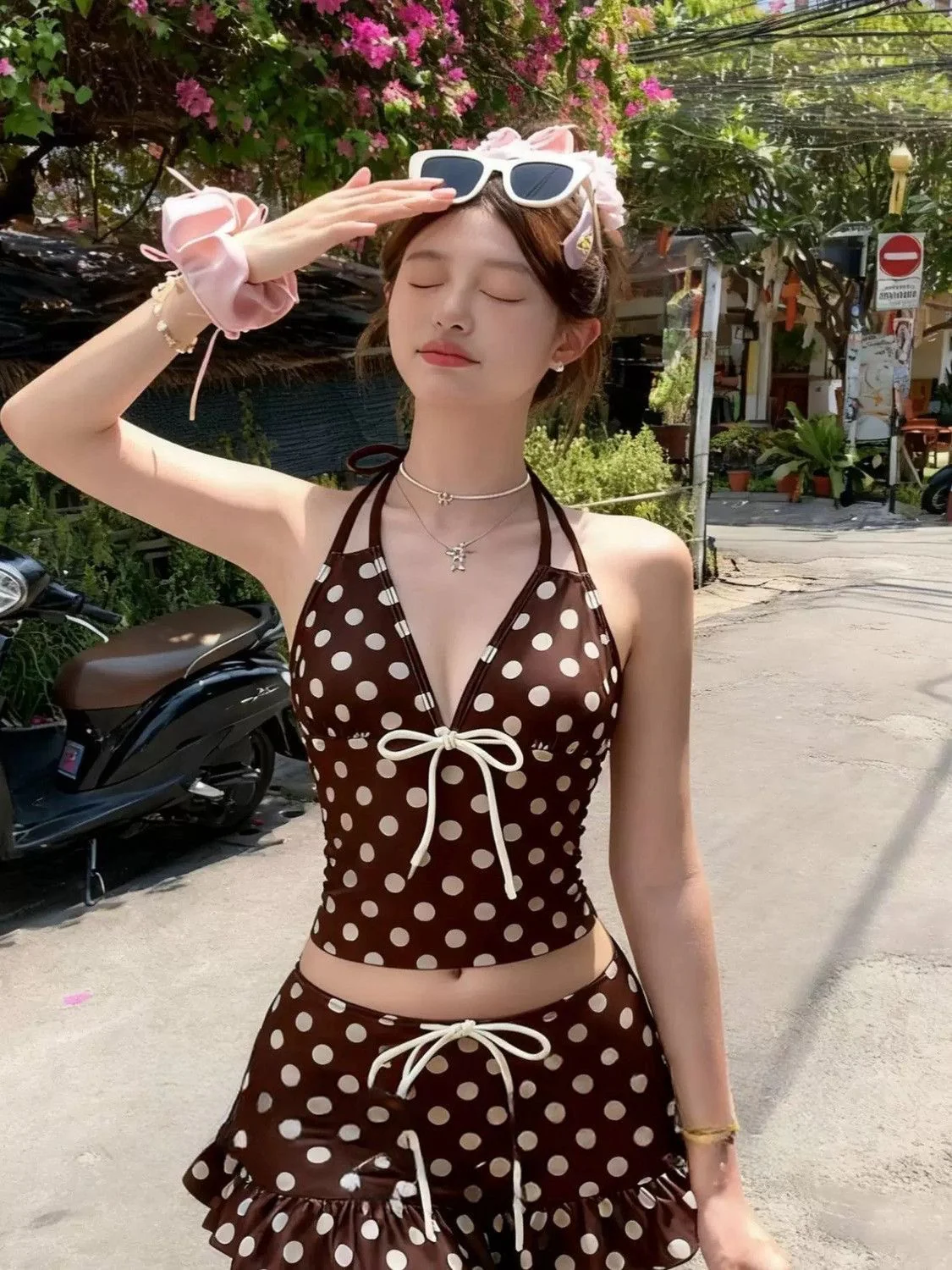 MUSE Polka Dot Halter Bikini Set with Mini Skirt - Image 3