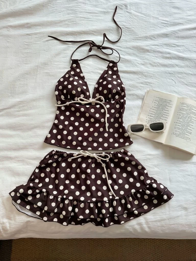 MUSE Polka Dot Halter Bikini Set with Mini Skirt - Image 4