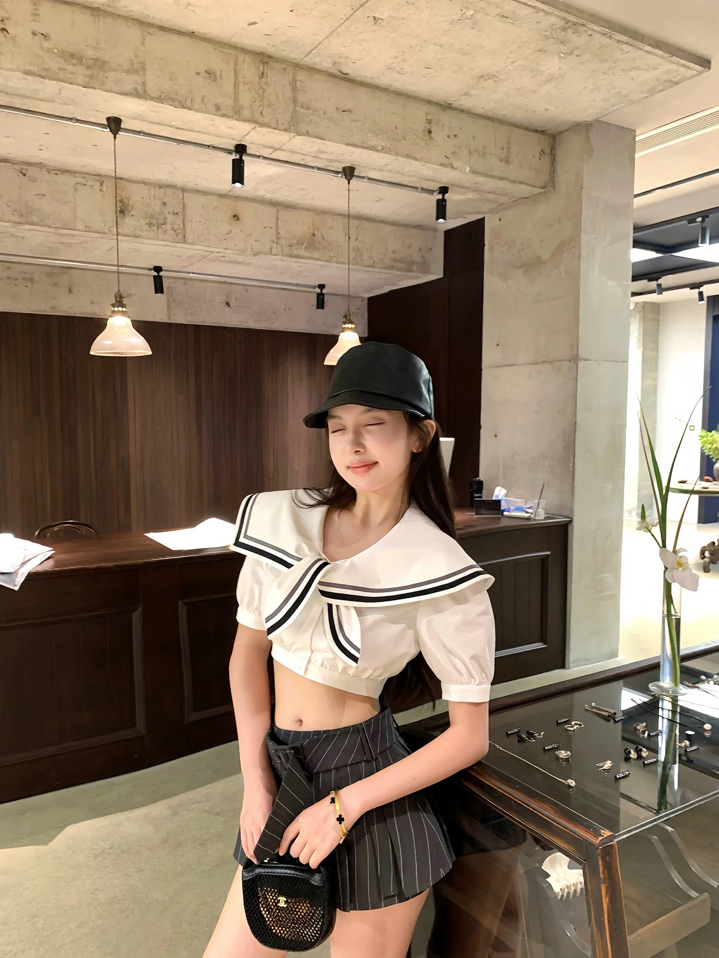 Nautical Collar Puff Sleeve Crop Shirt & Striped Pleated Skirt Set - Image 2