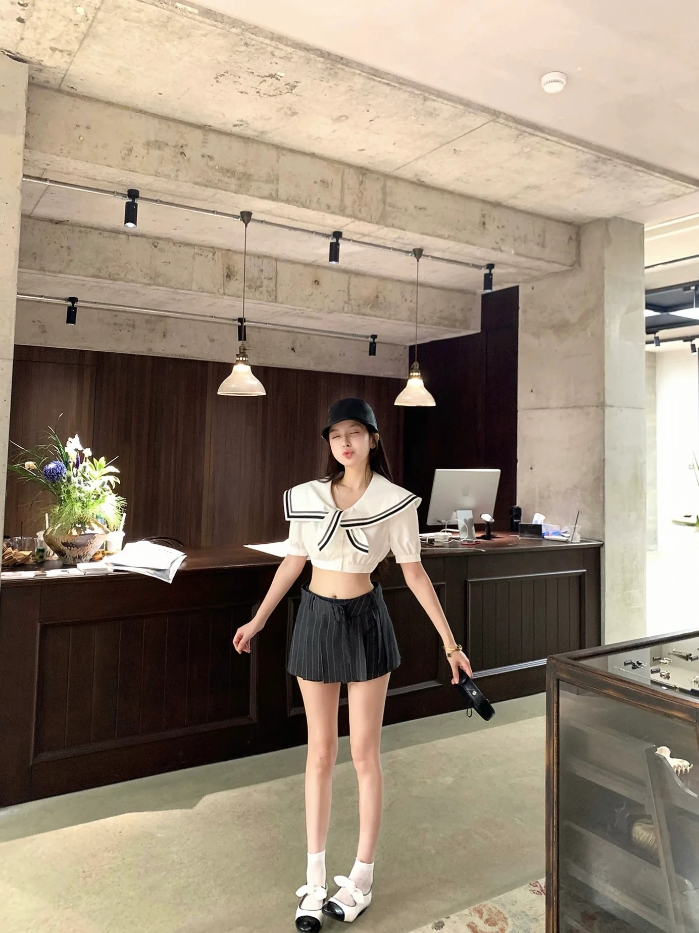 Nautical Collar Puff Sleeve Crop Shirt & Striped Pleated Skirt Set - Image 3
