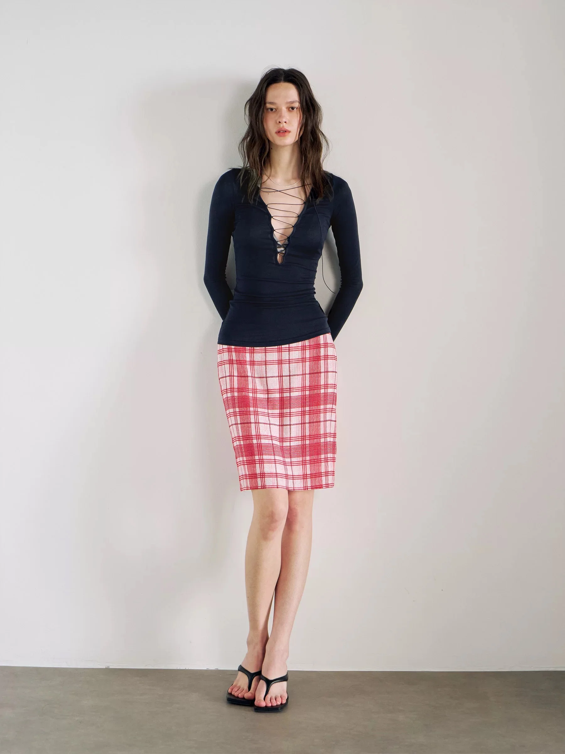 Navy Blue 100% TENCEL V-Neck Sheer Long Sleeve Tie-Detail Top - Image 2