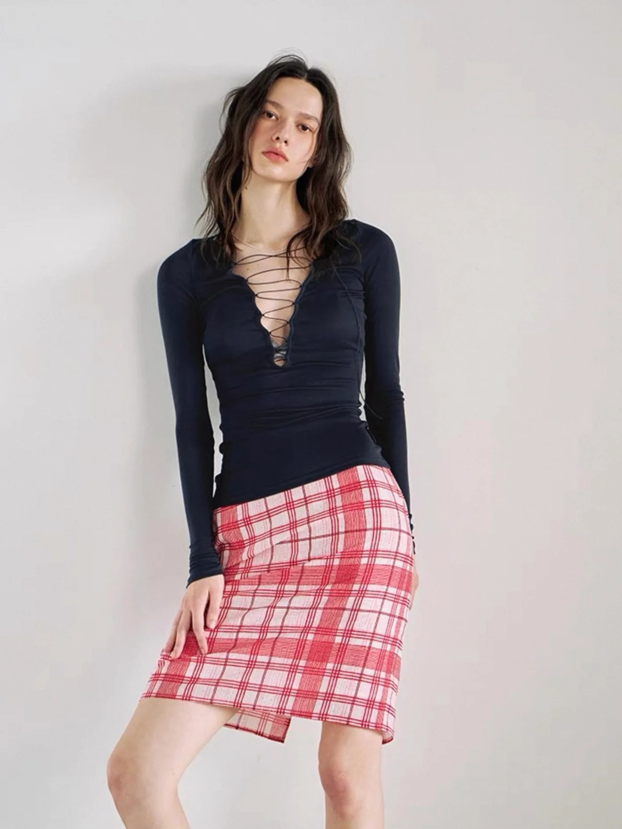 Navy Blue 100% TENCEL V-Neck Sheer Long Sleeve Tie-Detail Top - Image 3