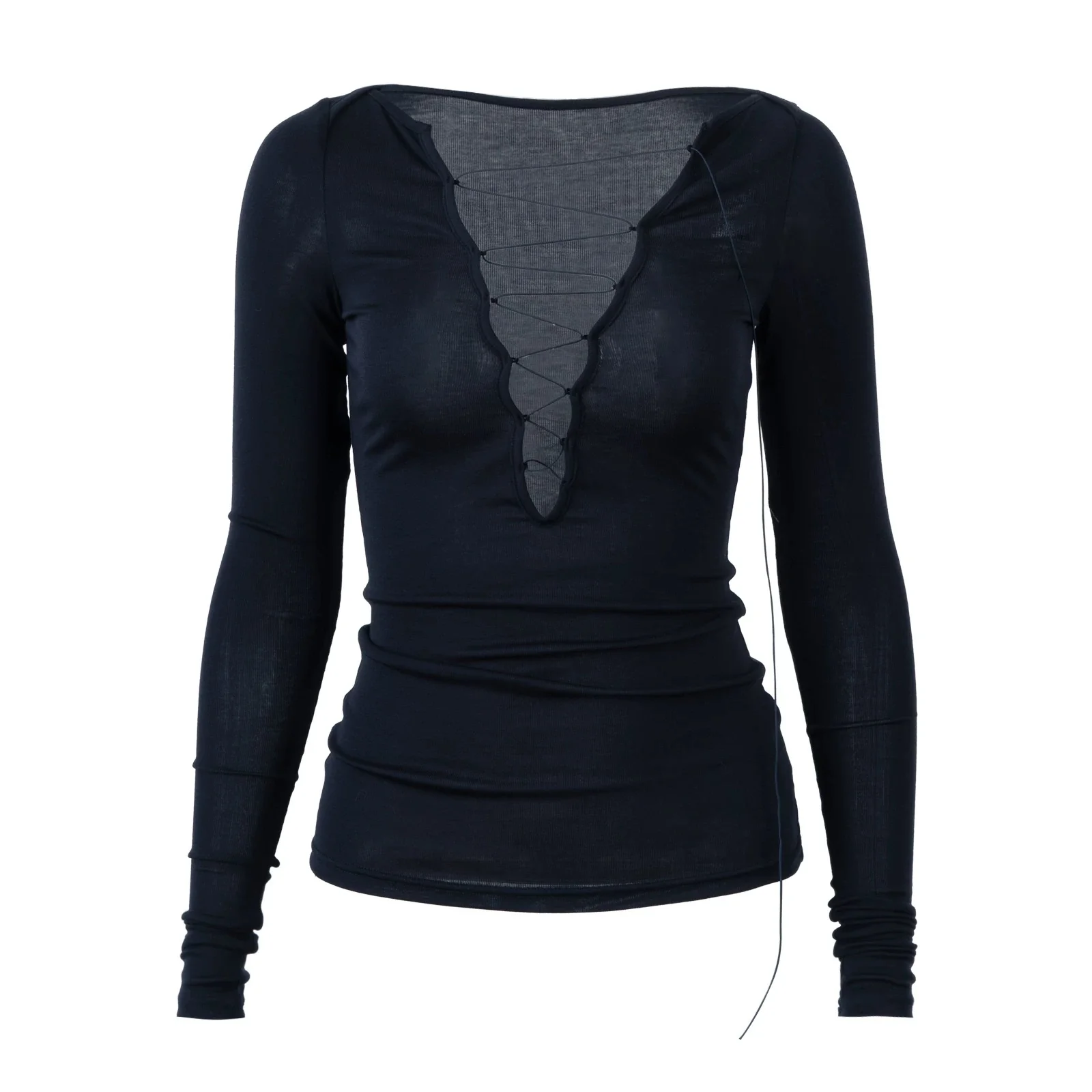 Navy Blue 100% TENCEL V-Neck Sheer Long Sleeve Tie-Detail Top - Image 4