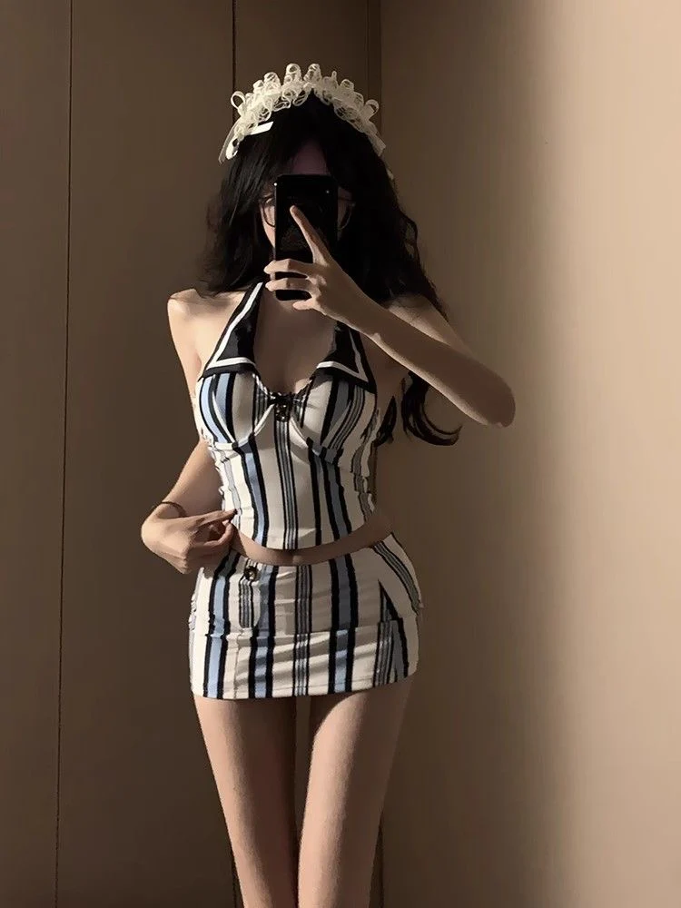 Navy Blue Striped Bikini Three-Piece Set - Image 2