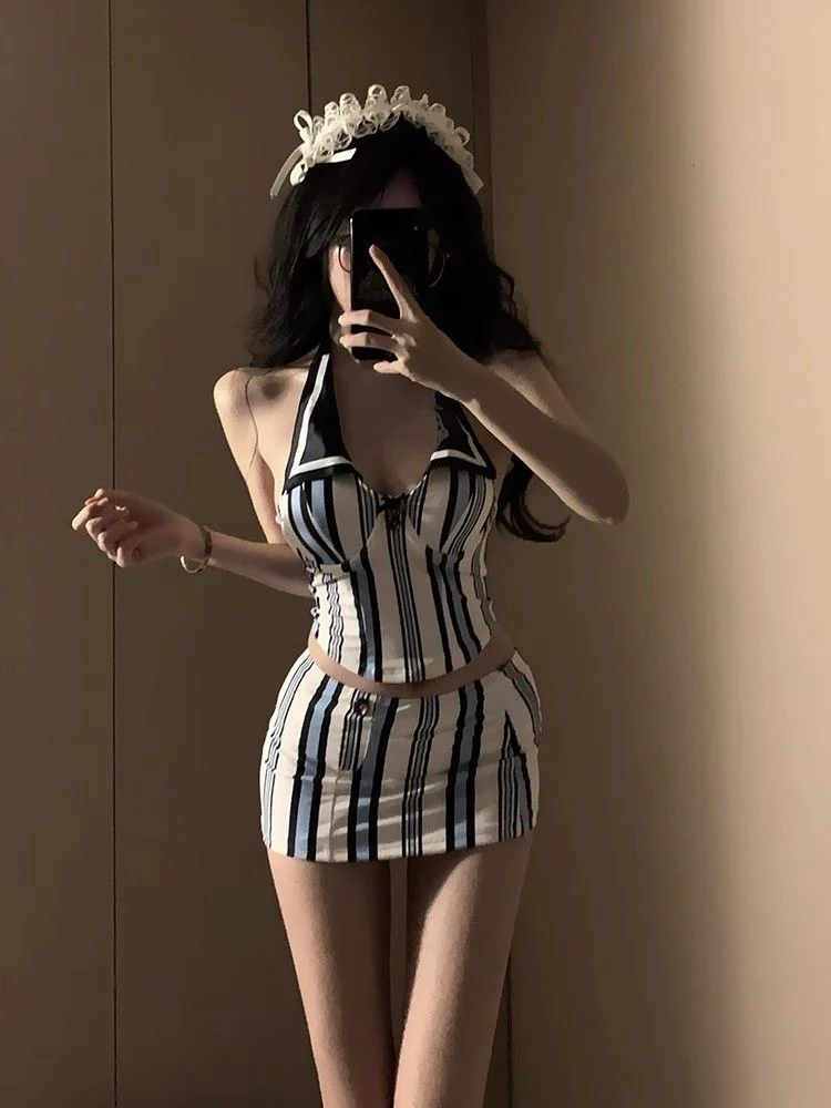 Navy Blue Striped Bikini Three-Piece Set - Image 3