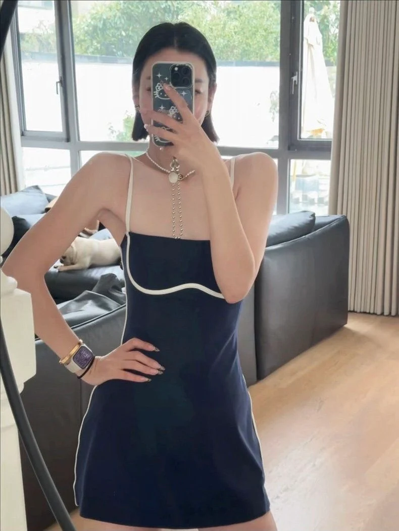 Navy Contrast Trim Mini Swim Dress - Image 6