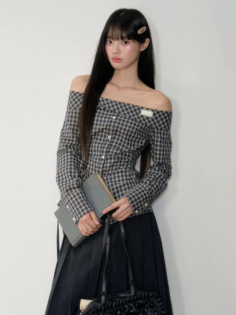 Navy Off-Shoulder Korean-Style Waist-Defined Slimming Plaid Shirt Dress