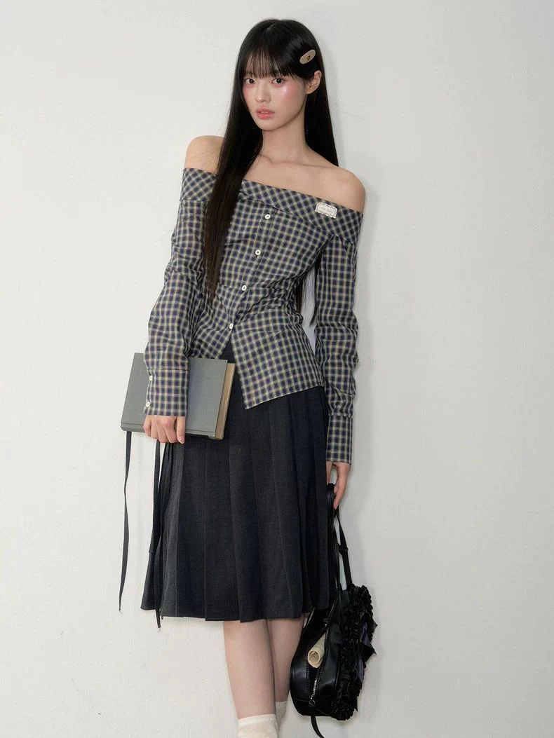 Navy Off-Shoulder Korean-Style Waist-Defined Slimming Plaid Shirt Dress - Image 2