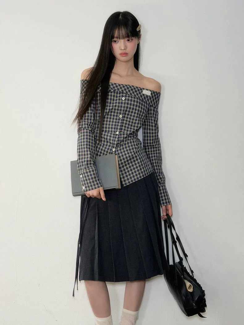 Navy Off-Shoulder Korean-Style Waist-Defined Slimming Plaid Shirt Dress - Image 3